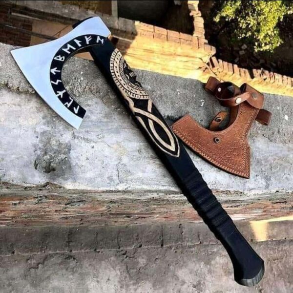 Viking Axe - 27" Helm of Awe Carved Axe with Engraving, Medieval Tomahawk, Genuine Leather Sheath (SCA-11)