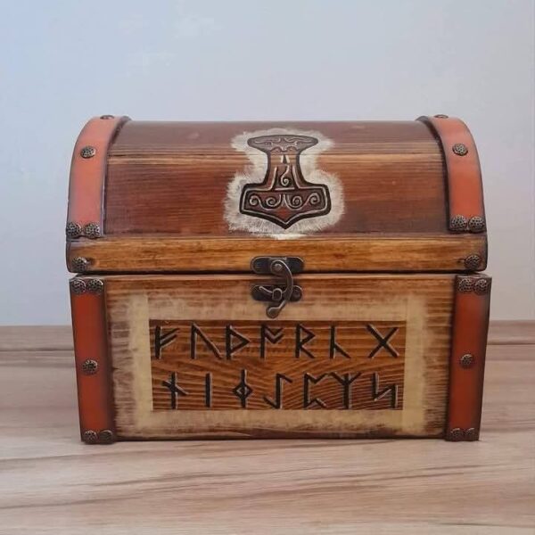 Viking Rune Wooden Treasure Chest | Thor’s Hammer Norse Storage Box