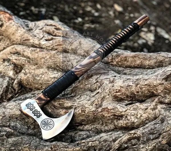 Hand Forged Carbon Steel Viking Axe: Ash Wood Handle, Laminated Sheath